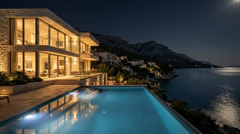 Ferienhaus an der Adria bei Nacht mit beleuchtetem Infinity-Pool