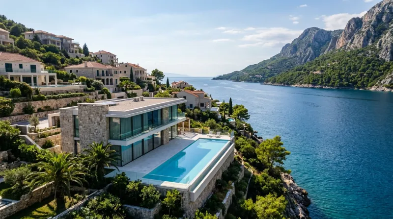 Luftaufnahme einer Luxusvilla mit Infinity-Pool an der Adria