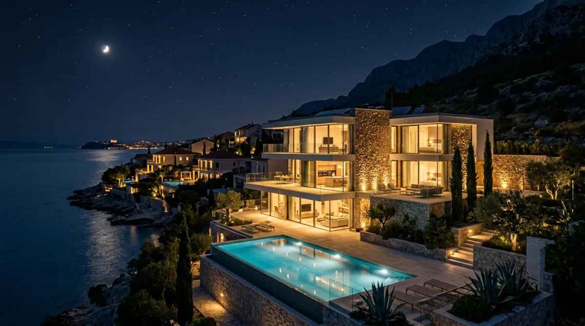 Luxusvilla an der Adria bei Nacht mit beleuchteten Räumen und Pool