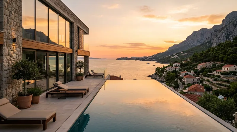 Villa-Terrasse in Dalmatien mit Sonnenuntergang über dem Meer