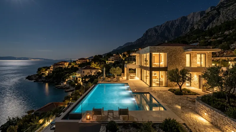 Beleuchtete Villa in Kroatien bei Nacht mit Pool und Sternenhimmel